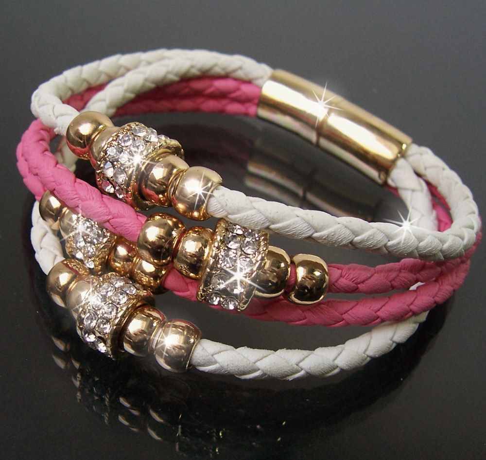 A1145# Armband Leder-look rosa-weiß Gold Strass Magnetverschluß