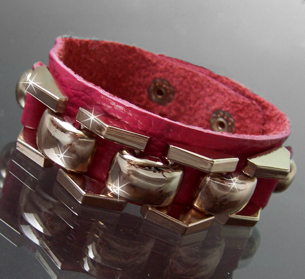 A780 Armband Leder pink Kettenglieder Gold