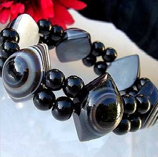 Armband Achat Streifenachat schwarz dehnbar Perlen Schmuck A687*