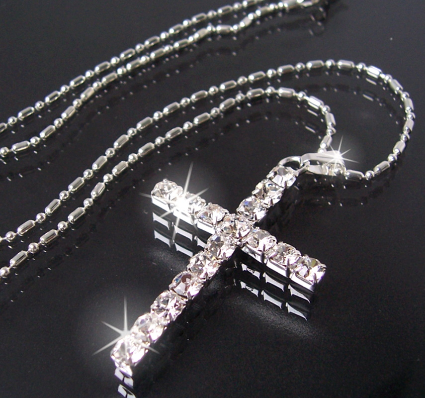 Halskette Kreuz 4cm Anhänger Strass Silber pl Kreuzkette 48cm Kette K928